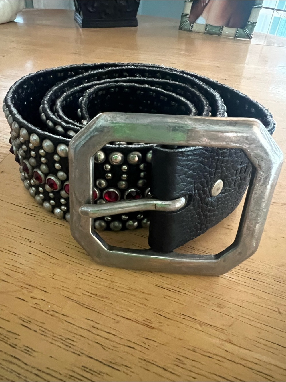 Studded Leather Belt with Red Crystal Accents